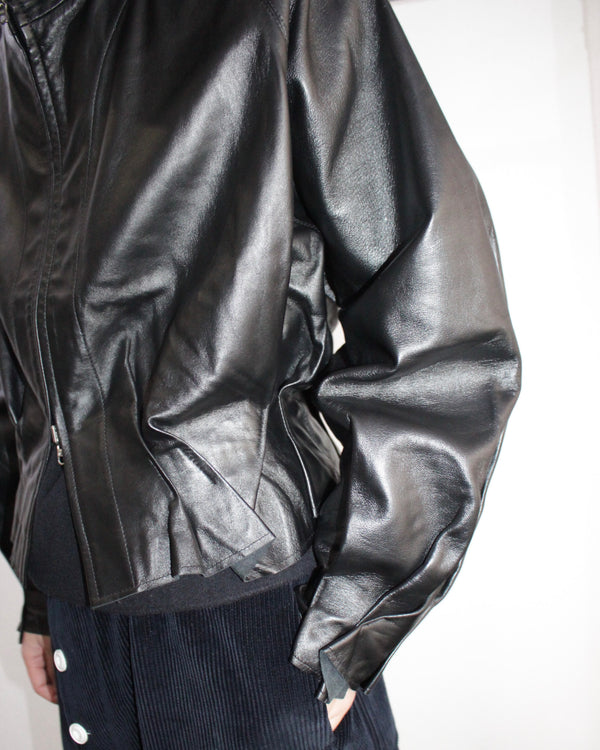 << Re: >> PLEATED LEATHER HOODIE (OA-AW22-BZ-102-01) Black