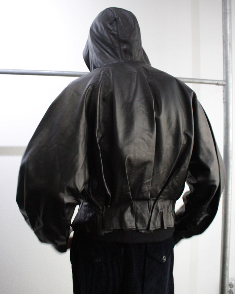 << Re: >> PLEATED LEATHER HOODIE (OA-AW22-BZ-102-01) Black