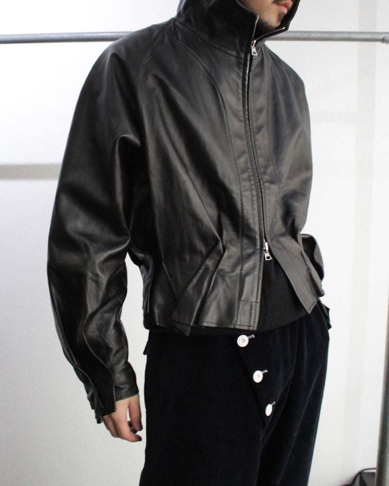 << Re: >> PLEATED LEATHER HOODIE (OA-AW22-BZ-102-01) Black