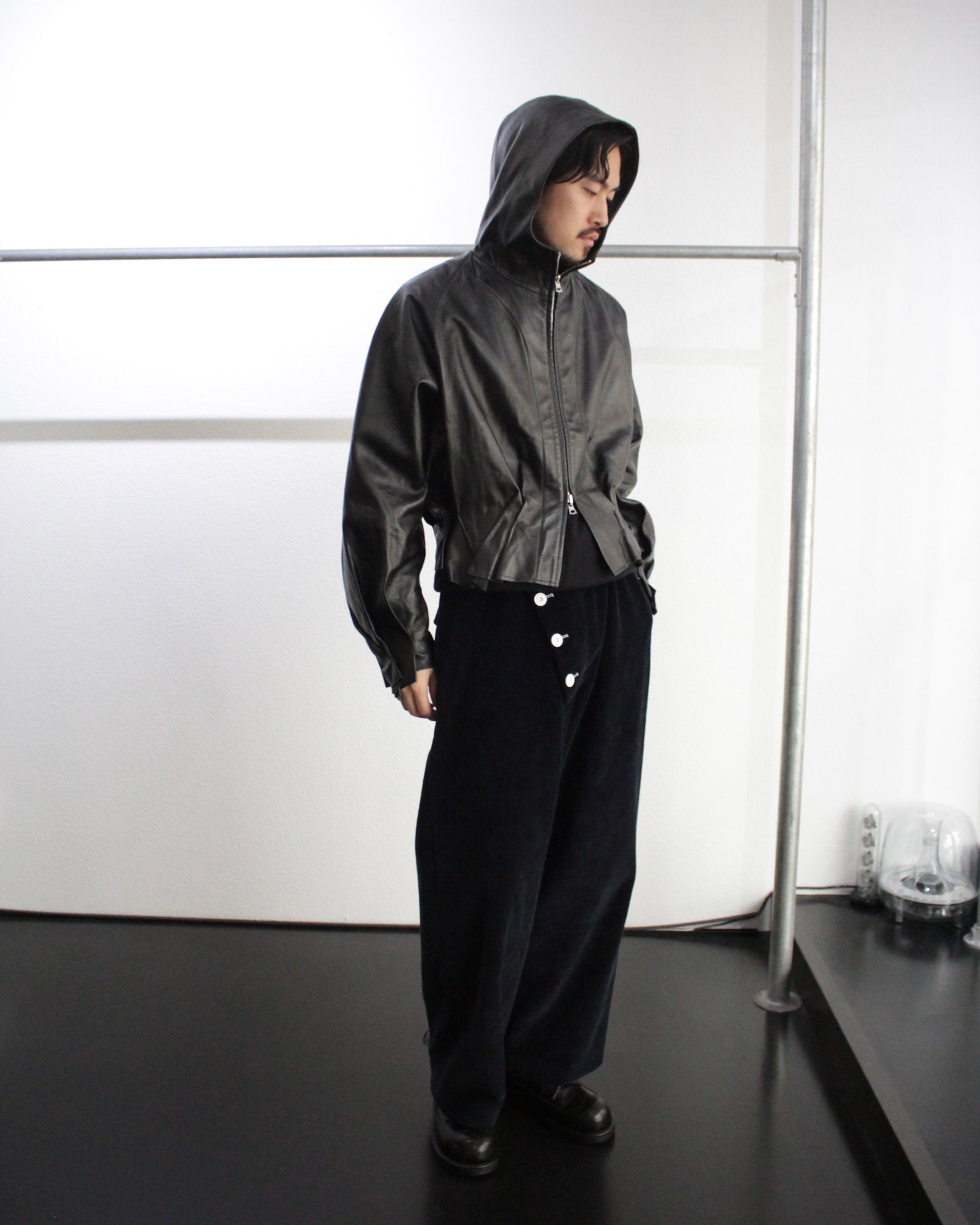 Omar Afridi / PLEATED LEATHER HOODIE (OA-AW22-BZ-102-01