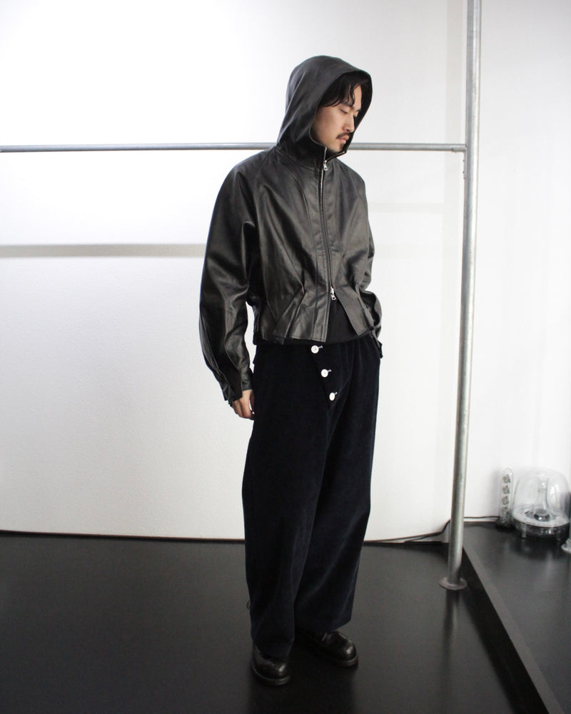 << Re: >> PLEATED LEATHER HOODIE (OA-AW22-BZ-102-01) Black