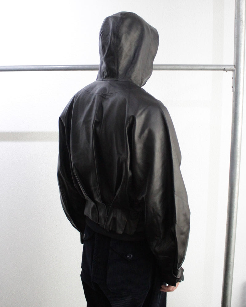 << Re: >> PLEATED LEATHER HOODIE (OA-AW22-BZ-102-01) Black