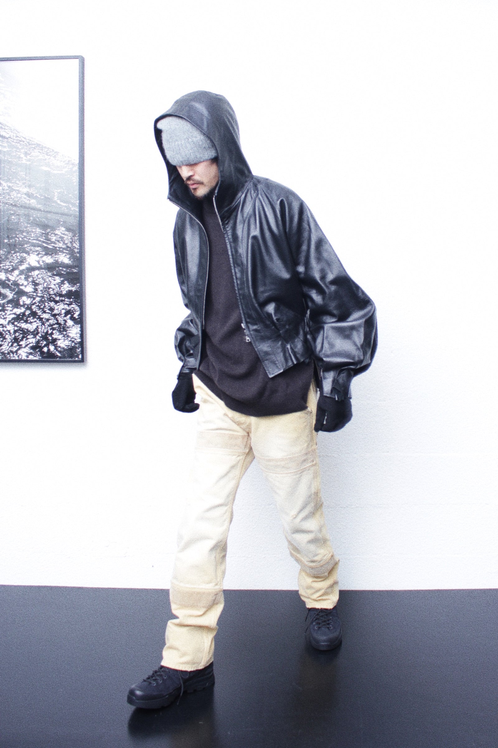 Omar Afridi / PLEATED LEATHER HOODIE (OA-AW22-BZ-102-01) Black