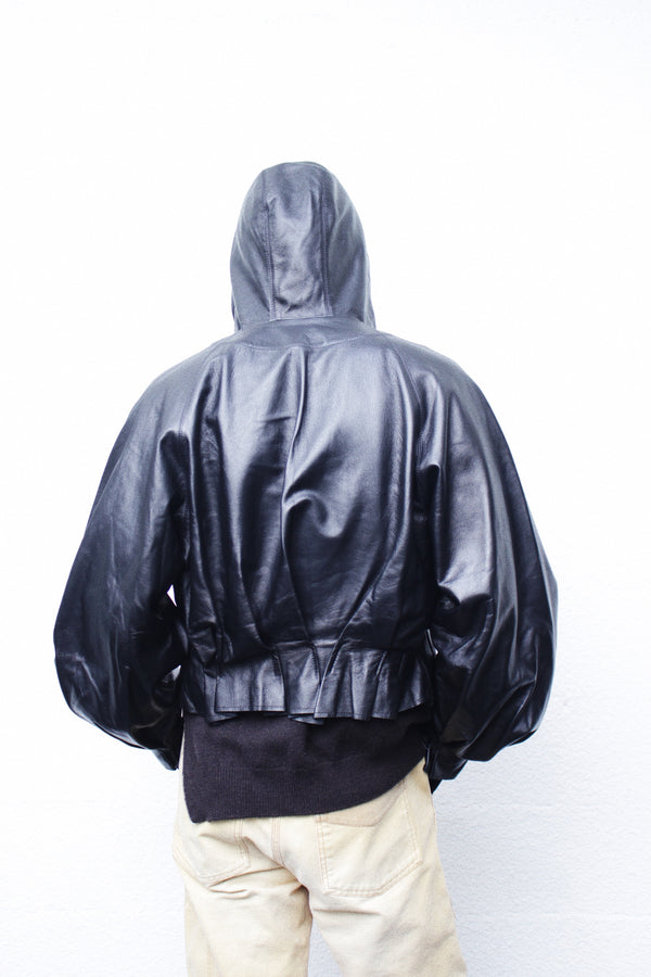 Omar Afridi / << Re: >> PLEATED LEATHER HOODIE - Black (OA-AW22-BZ-102-01)