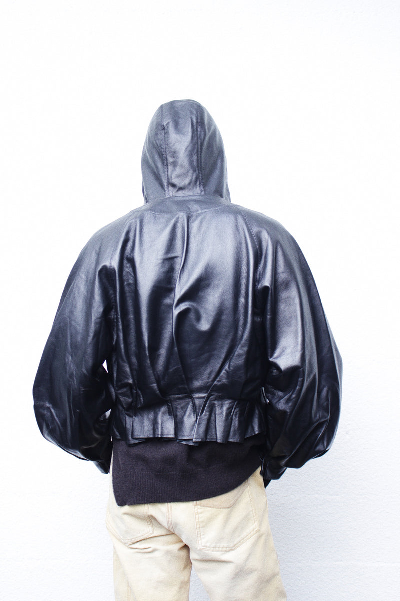 Omar Afridi / << Re: >> PLEATED LEATHER HOODIE - Black (OA-AW22-BZ-102-01)