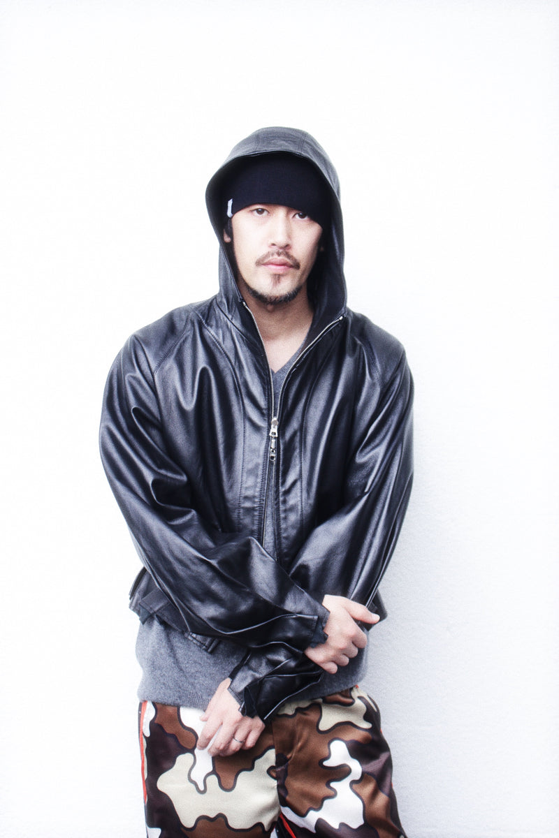 Omar Afridi / << Re: >> PLEATED LEATHER HOODIE - Black (OA-AW22-BZ-102-01)