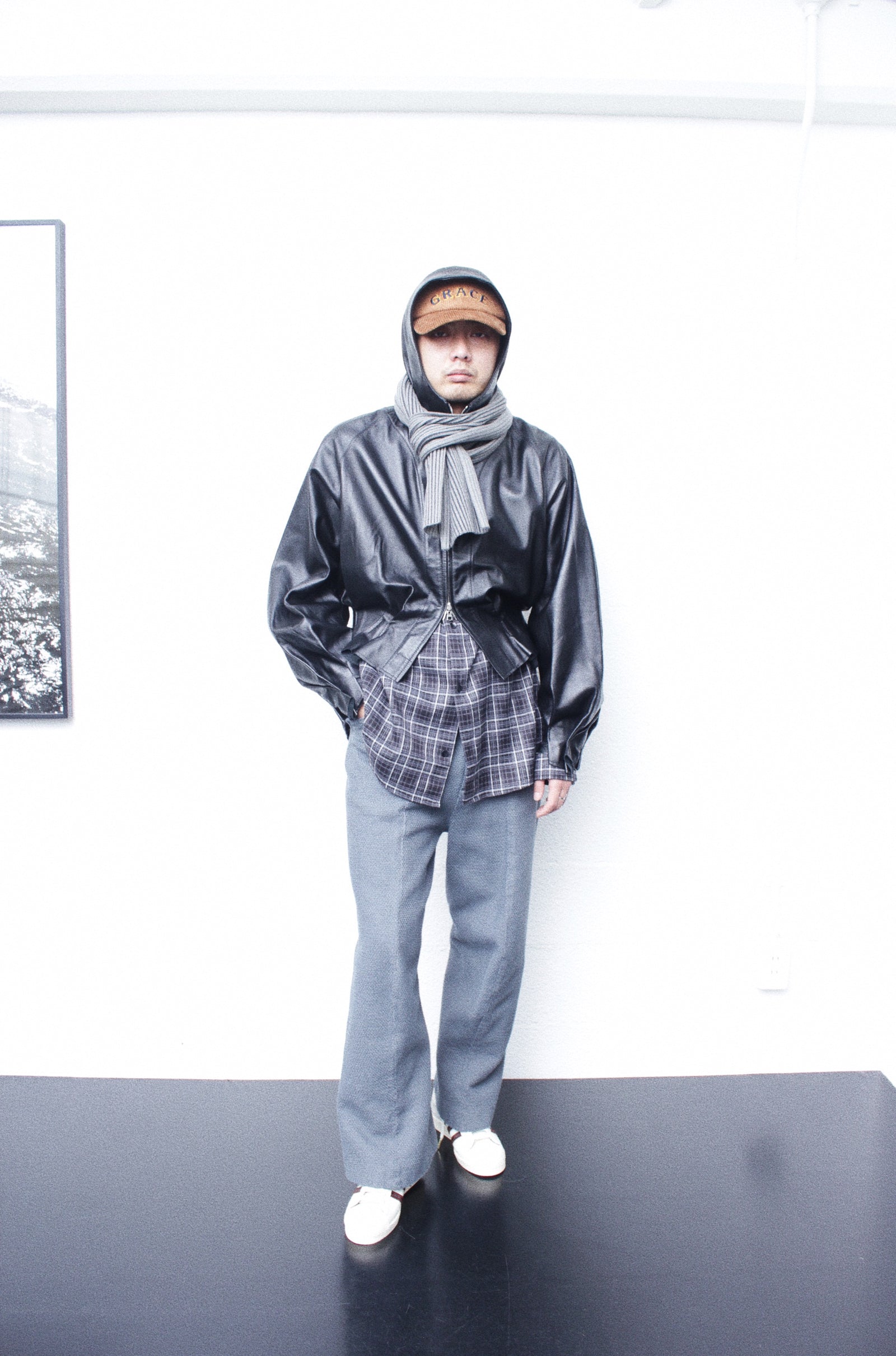 Omar Afridi / PLEATED LEATHER HOODIE (OA-AW22-BZ-102-01) Black