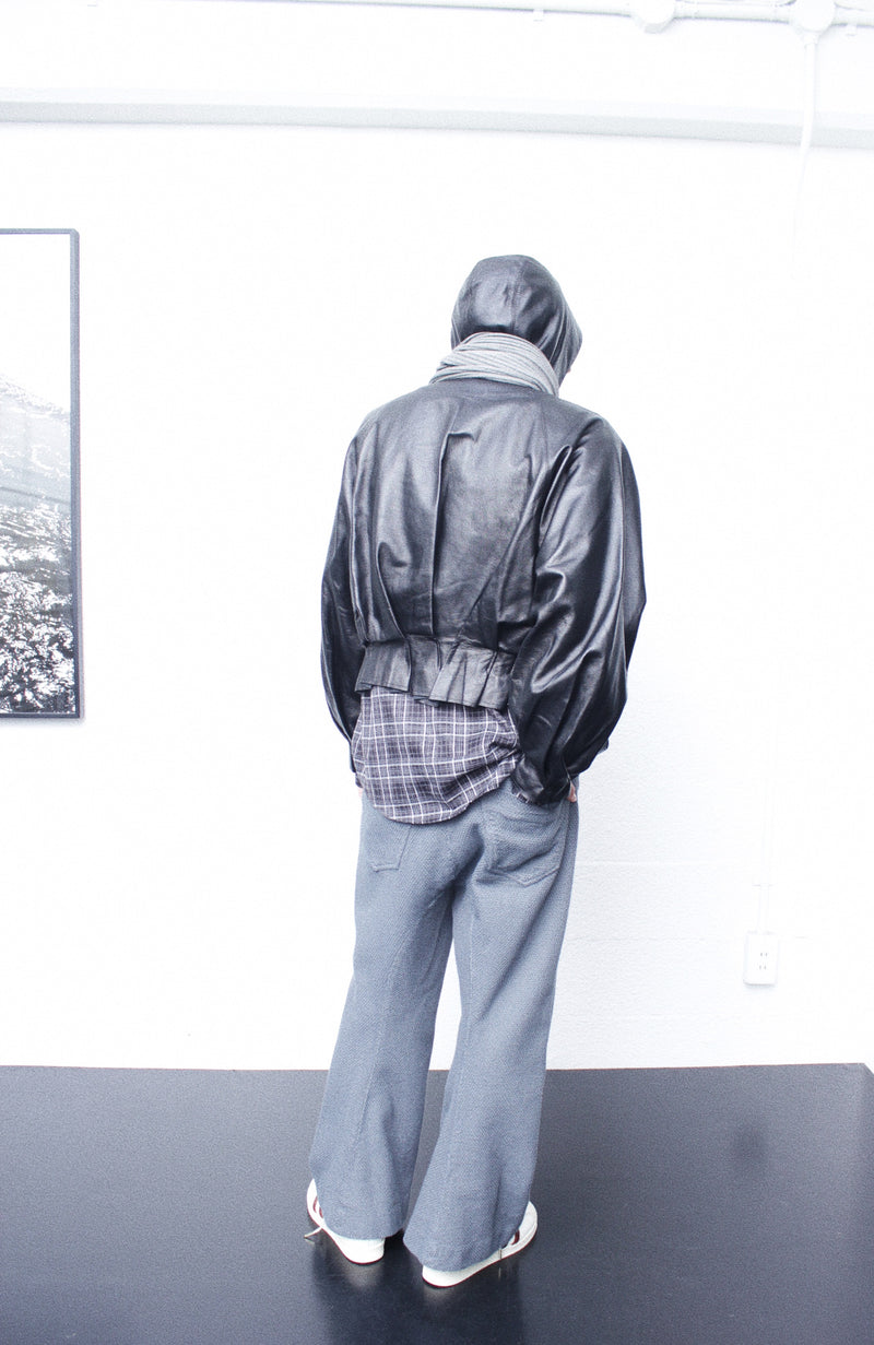 Omar Afridi / << Re: >> PLEATED LEATHER HOODIE - Black (OA-AW22-BZ-102-01)