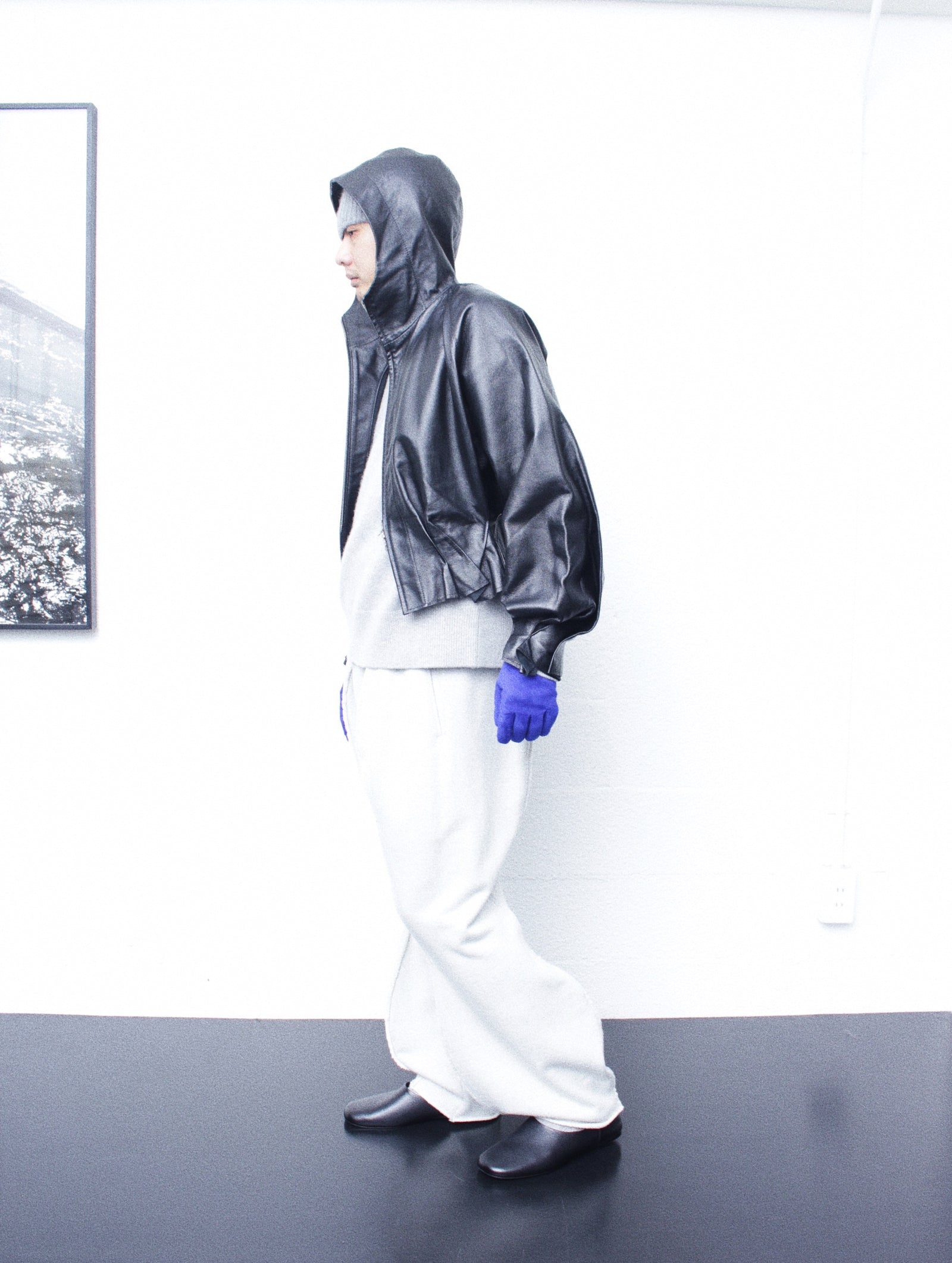 Omar Afridi / PLEATED LEATHER HOODIE (OA-AW22-BZ-102-01) Black