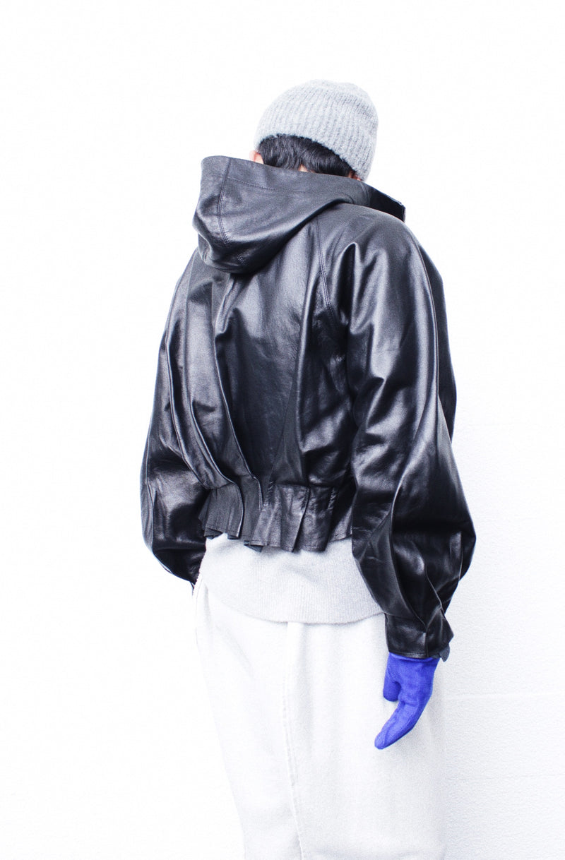 Omar Afridi / << Re: >> PLEATED LEATHER HOODIE - Black (OA-AW22-BZ-102-01)