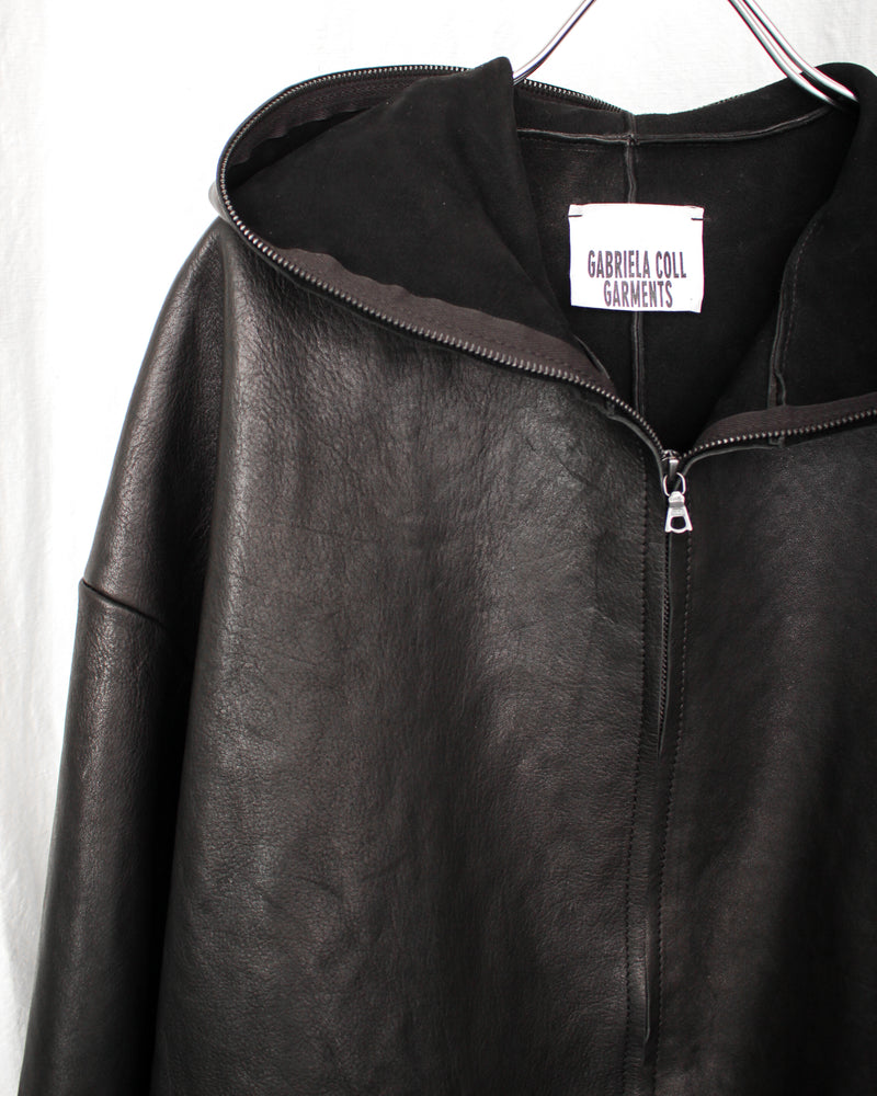 GABRIELA COLL GARMENTS / NO.216 LEATHER HOODED ZIPPER JACKET - Black (S12-216)