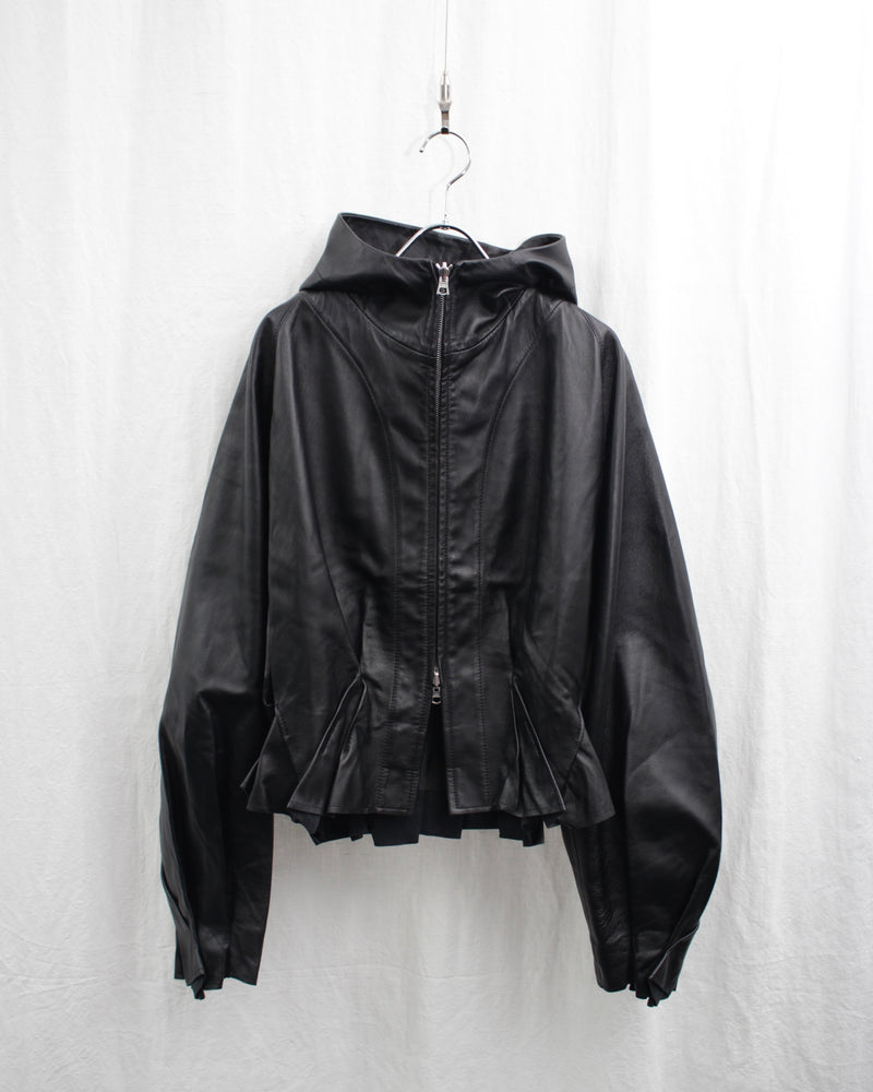 << Re: >> PLEATED LEATHER HOODIE (OA-AW22-BZ-102-01) Black