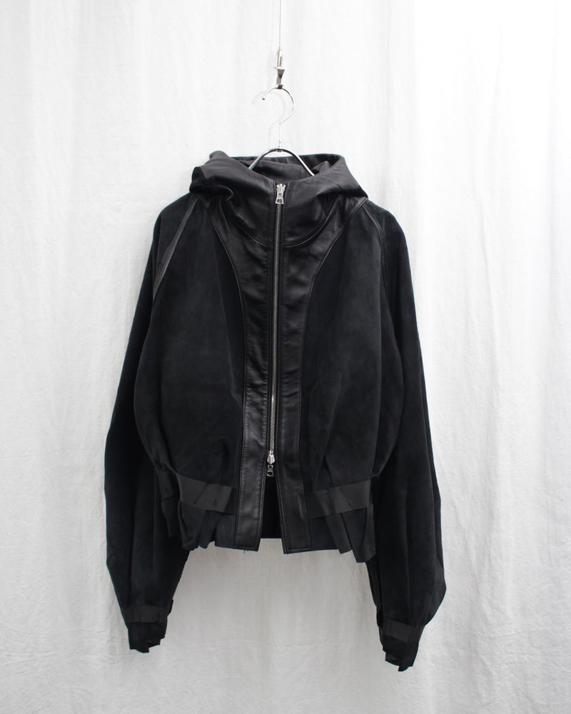 << Re: >> PLEATED LEATHER HOODIE (OA-AW22-BZ-102-01) Black