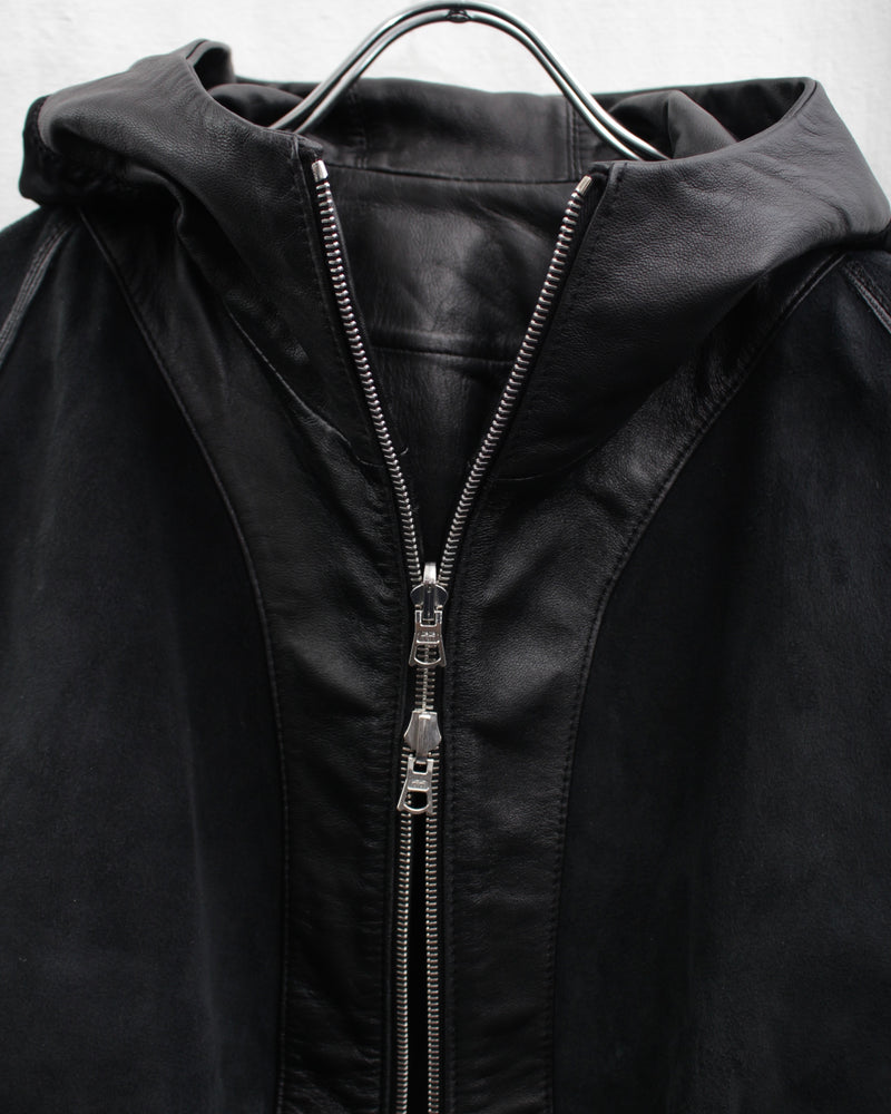 << Re: >> PLEATED LEATHER HOODIE (OA-AW22-BZ-102-01) Black